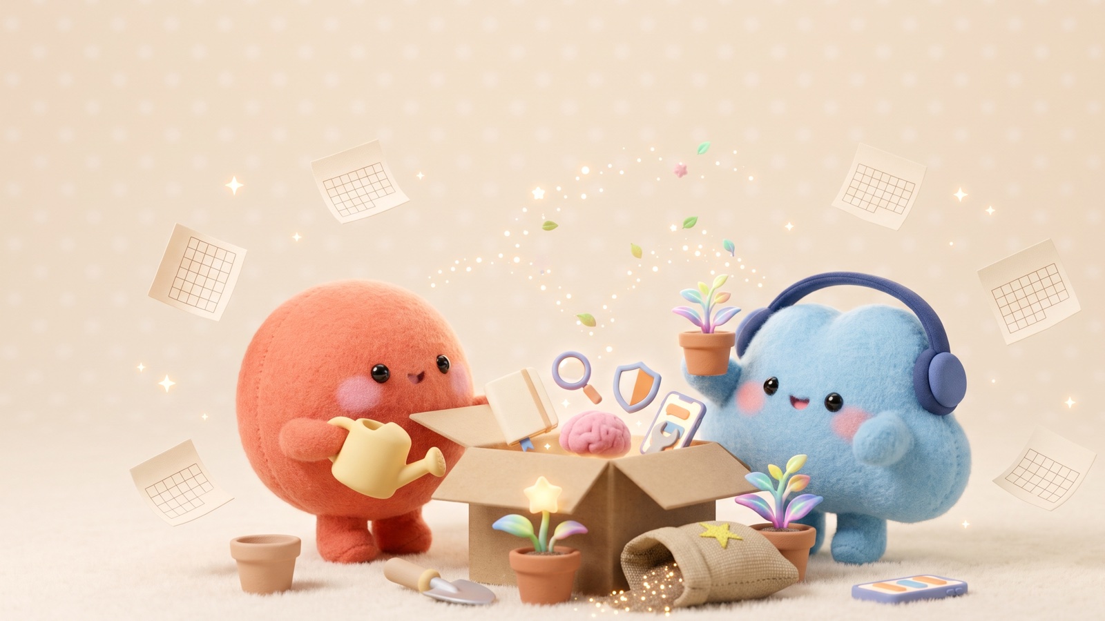 Two felt plush mascots, a coral blob and a blue cloud with headphones, unboxing a box of glowing tools