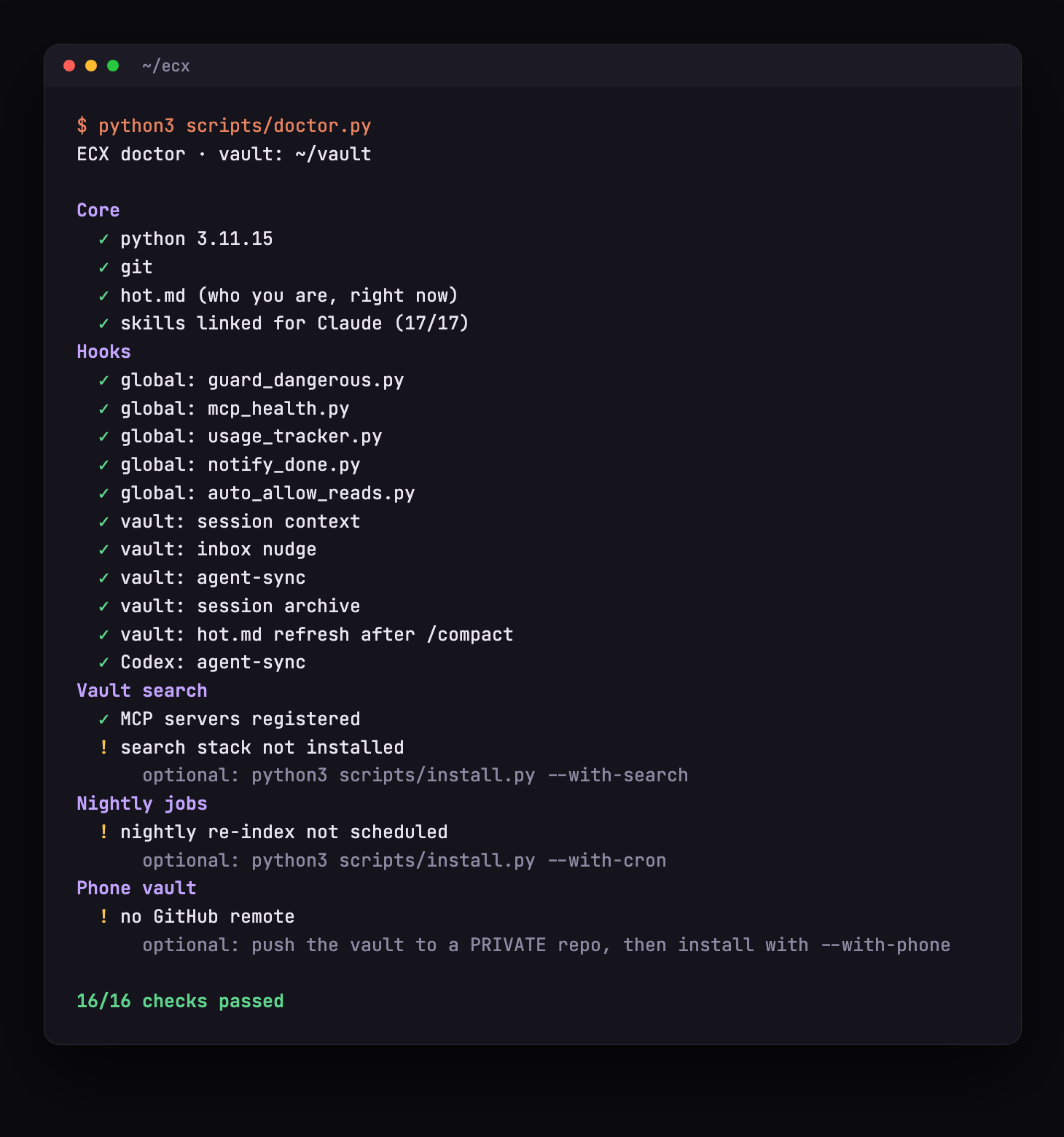 ECX doctor output: every hook, index, job and sync checked, each with its fix