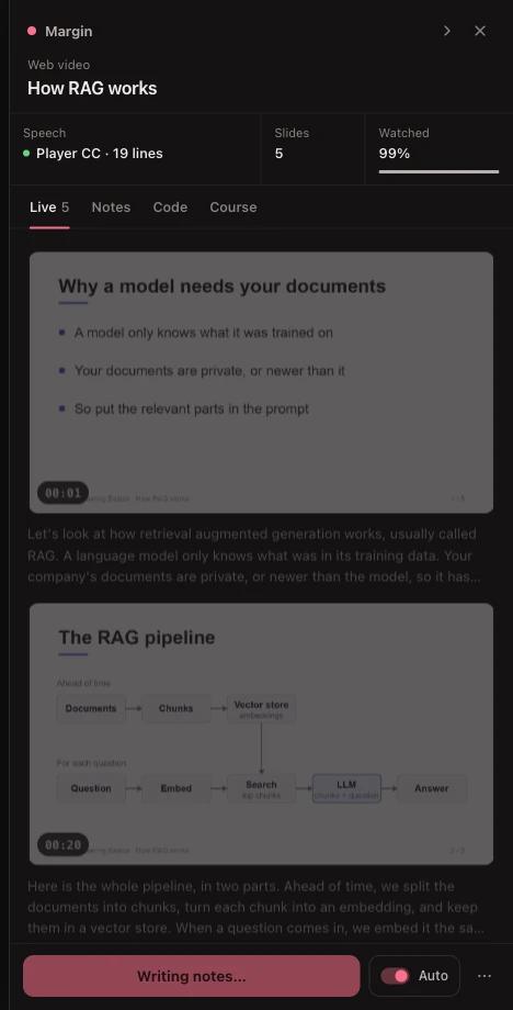 The Live tab: the slides kept so far, each with the words spoken over it.